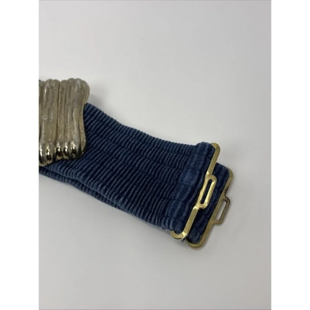 Vintage Navy Blue Elastic Cinch Belt Gold Tone Textured Sculptural‎ Buckle Retro